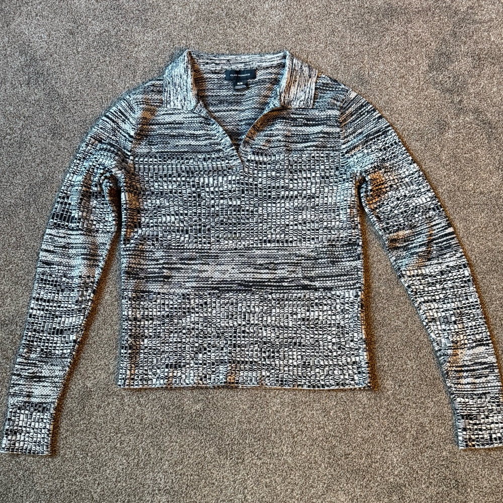 Club Monaco Black and White Marled Collared Knit Sweater